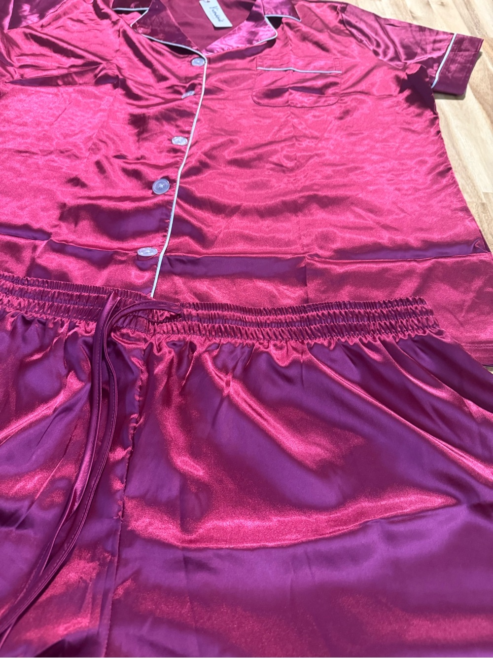 Satin Short Sleeve Pajama Set in Burgundy with White Piping - Picture 2 of 12